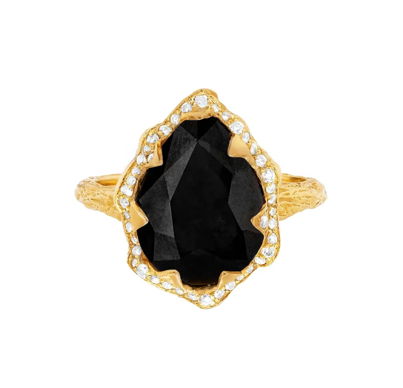 women’s delicate engagement rings-Queen Water Drop Onyx Ring with Full Pavé Diamond Halo