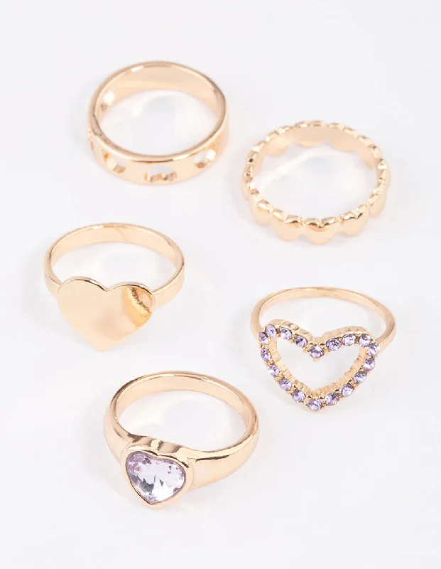 women’s engagement rings-Gold Mixed Heart Stone Ring 5-Pack