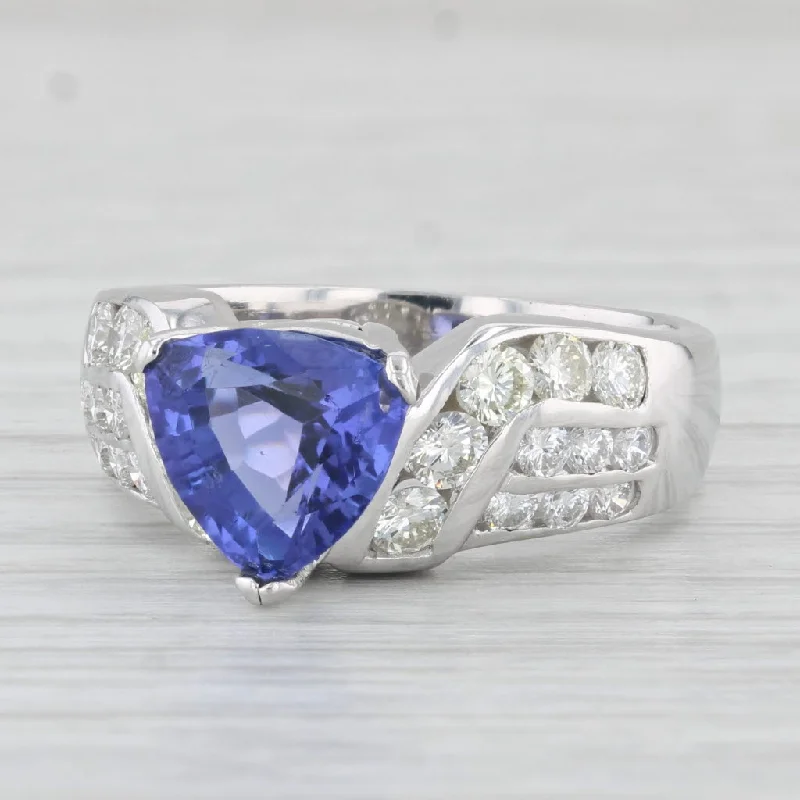 women’s modern engagement rings-3.30ctw Trillion Tanzanite Diamond Ring 14k White Gold Size 7.75