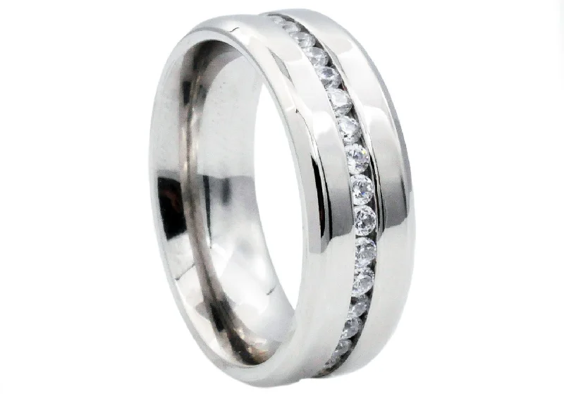 women’s classic rings-Mens Stainless Steel Band With Cubic Zirconia