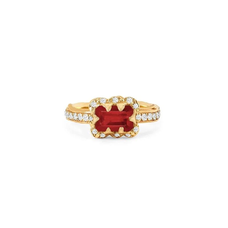 women’s eternity band rings-Micro Queen Emerald Cut Ruby Rose Thorn Ring with Sprinkled Diamonds