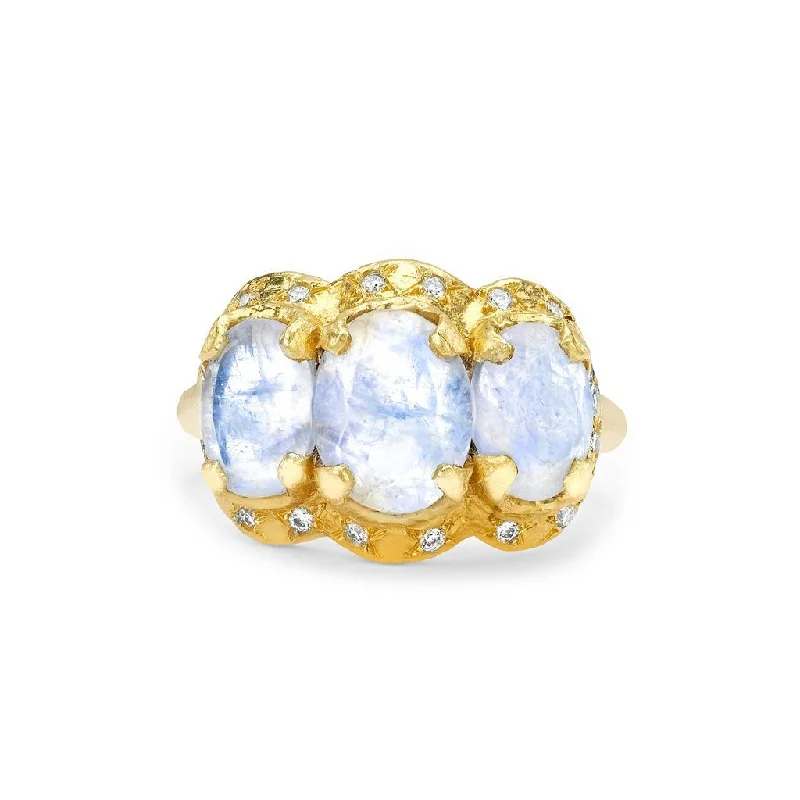 women’s minimalist rings-Queen Triple Goddess Moonstone Ring with Sprinkled Diamonds