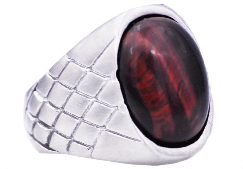 women’s vintage rings-Mens Genuine Red Tiger Eye Stainless Steel Ring