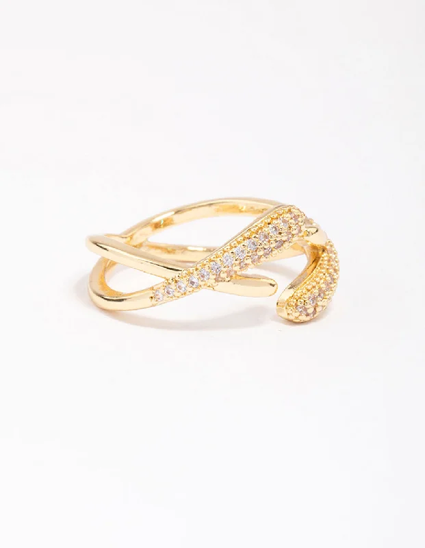 women’s vintage-inspired rings-Gold Plated Pave Interlaced Ring