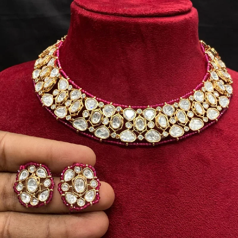 women’s silver pendant necklaces-Royal Kundan Jewellery Gold Plated Polki Kundan Necklace Set