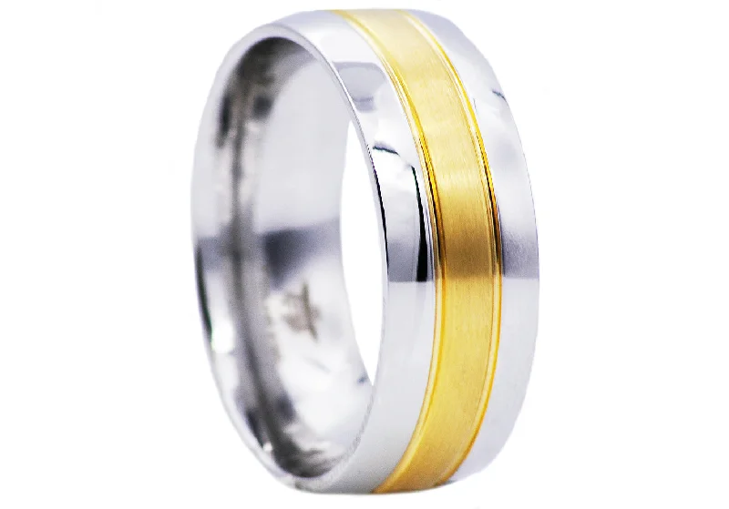 women’s halo rings-Mens Two Tone Gold Stainless Steel Band