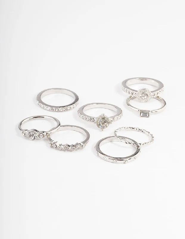 women’s vintage rings-Silver Halo Diamante Rings 8-Pack