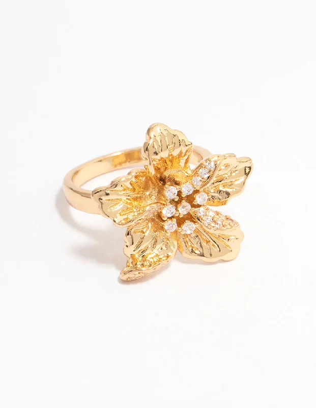 women’s round cut rings-Gold Plated Cubic Zirconia Bling Flower Ring