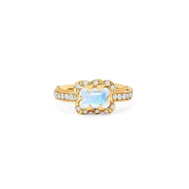 women’s sapphire rings-Micro Queen Emerald Cut Moonstone Ring with Sprinkled Diamonds | Ready to Ship