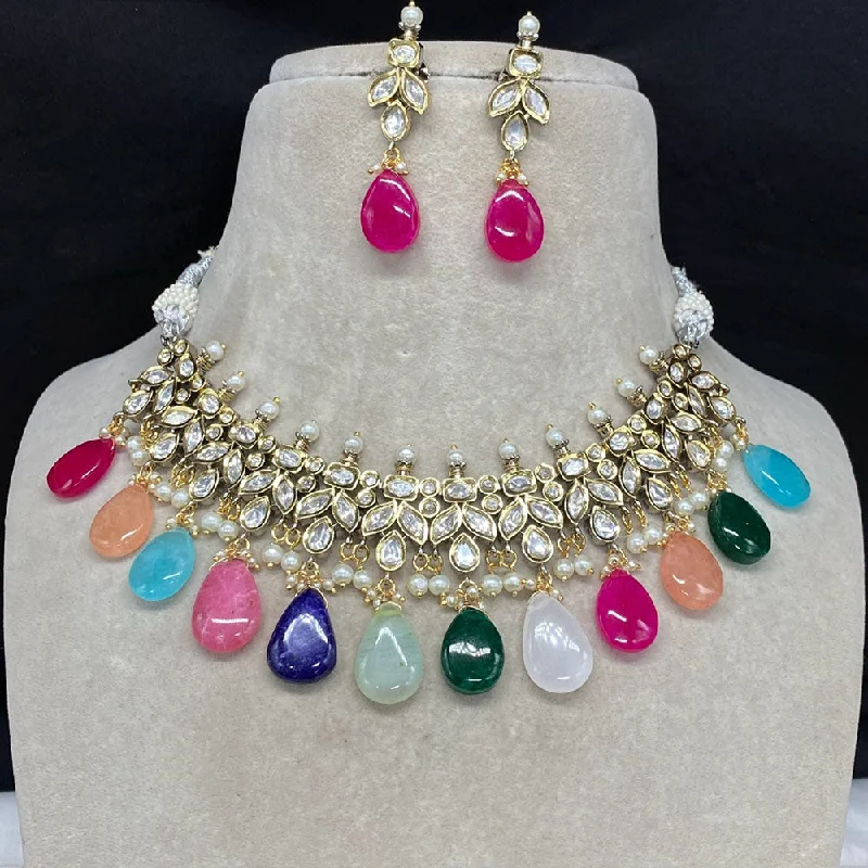 women’s solid gold necklaces-Amoliya Jewels Gold Plated Polki Kundan Necklace Set