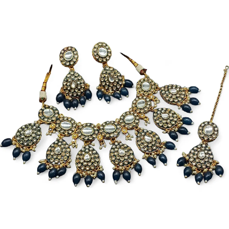 women’s antique necklaces-Gehana Mahal Gold Plated Kundan Stone And Beads Necklace Set