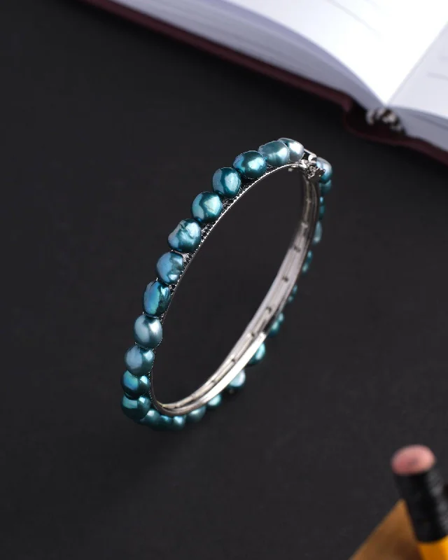 women’s engraved bangles-Trendy Blue Pearl Bangle