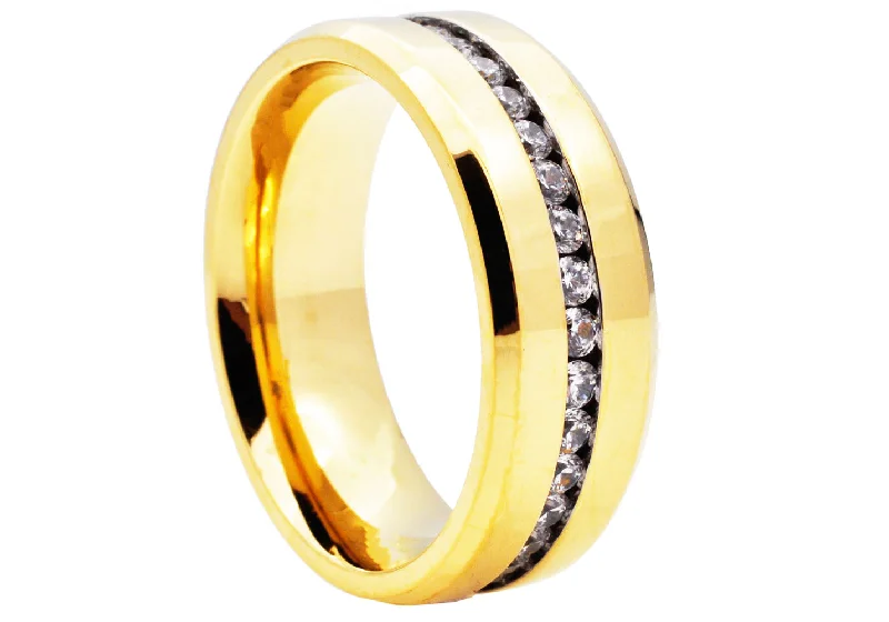 women’s eternity rings-Mens Gold Stainless Steel Eternity Band Ring With Cubic Zirconia