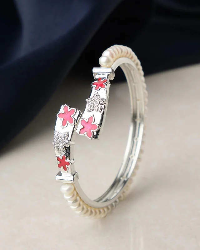 women’s gemstone bangles-Floral Enamel Stone Studded Pearl Bangle