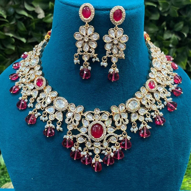 women’s gemstone layered necklaces-Royal Kundan Jewellery Gold Plated Polki Kundan And Beads Necklace Set