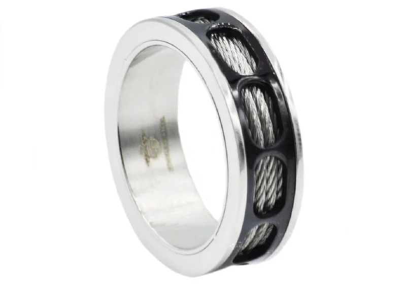 women’s vintage-style rings-Mens Black Stainless Steel Wire Band