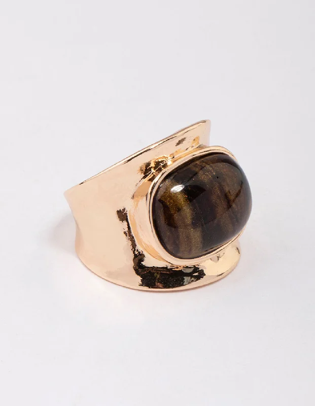 women’s adjustable rings-Gold Statement Stone Band Ring