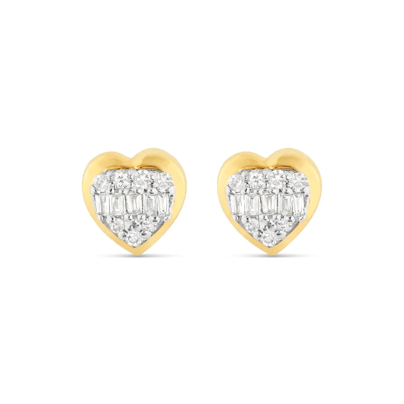 women’s wedding earrings-14K Yellow Gold Heart Diamond Stud Earrings