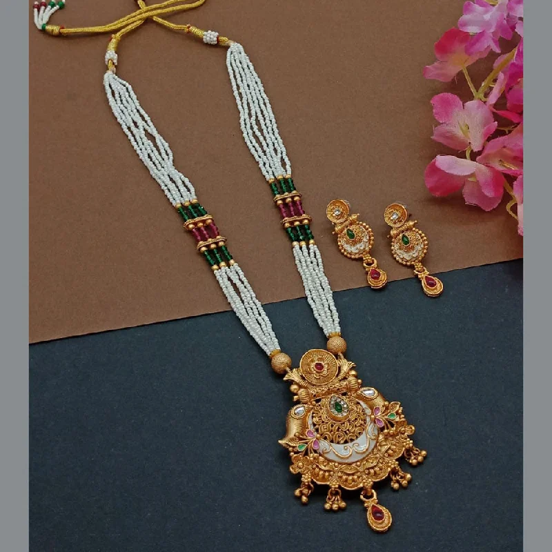 women’s boho necklaces-India Art Gold Plated Pota Stone And Pearl Long Necklace Set