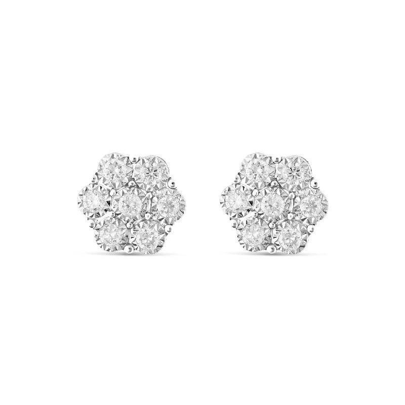 women’s chic earrings-10K White gold Diamond Flower Stud Earrings