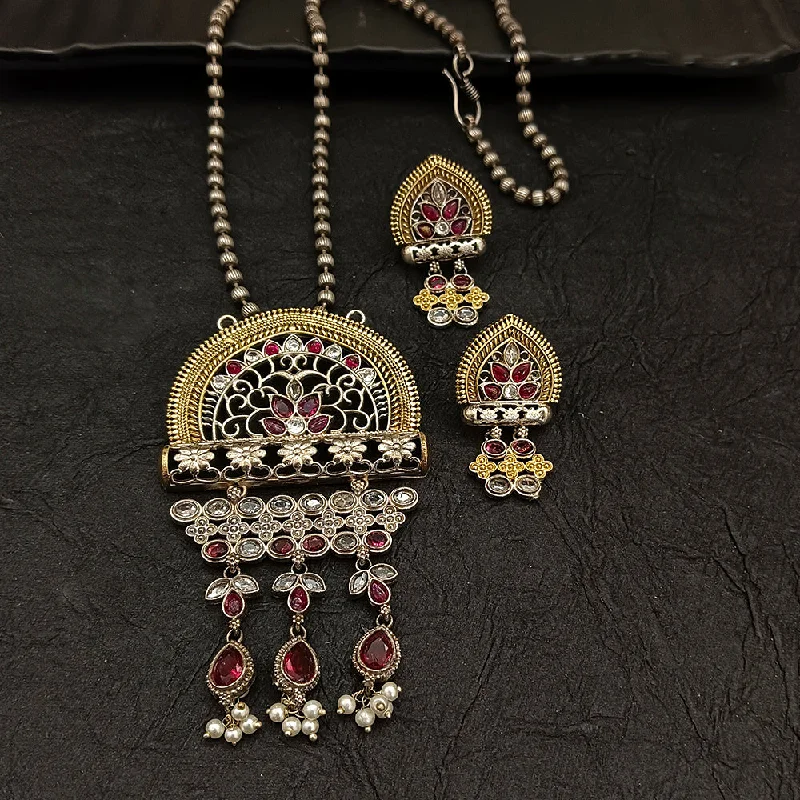 women’s gemstone layered necklaces-Deep Jewell 2 Tone Plated Kundan And Pearl Long Necklace Set