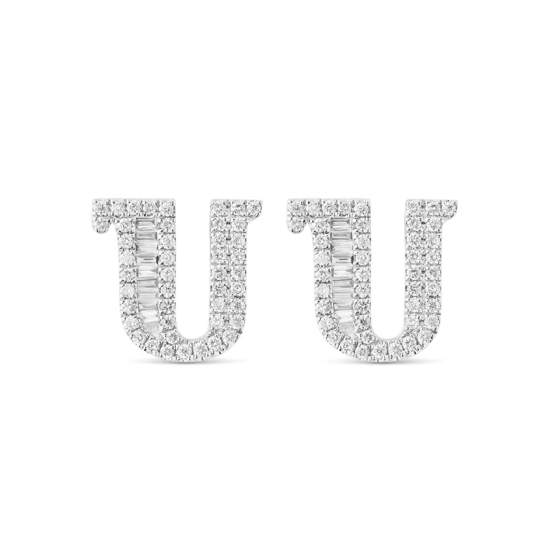 women’s chunky earrings-18K White Gold Baguette and Round Diamond Initial "U" Stud Earrings