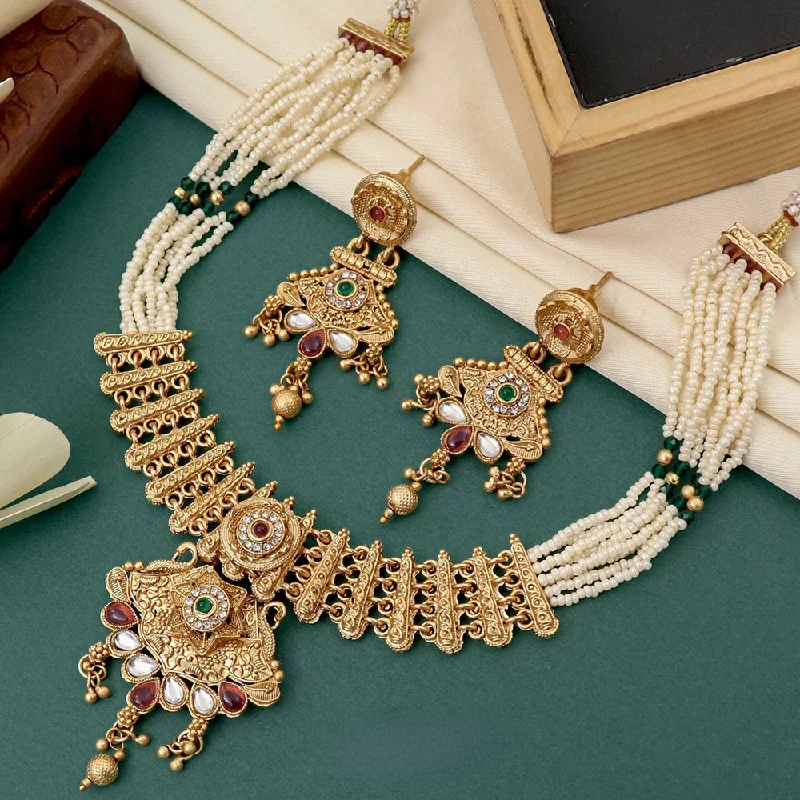 women’s elegant pearl necklaces-FS Collection Gold Plated Kundan Stone And Pearl Necklace Set