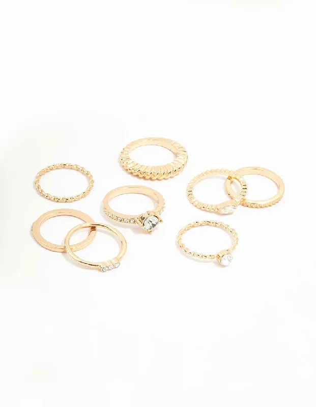 women’s titanium rings-Gold Mixed Diamante & Chunky Style Rings 8-Pack