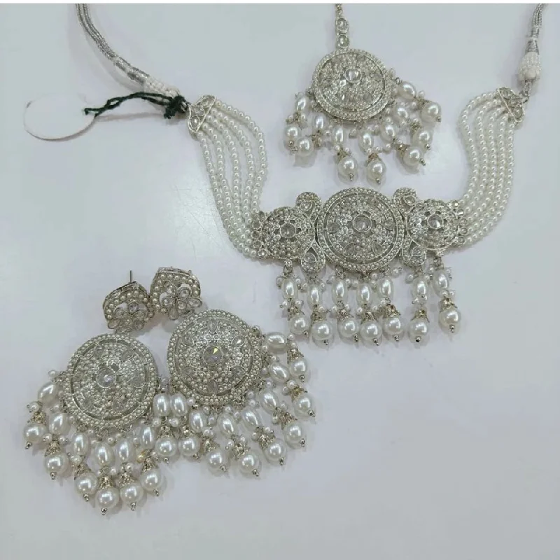 women’s long necklaces-Shree Chamunda Jewellers Silver Plated Austrian Stone And Pearl Choker Necklace Set