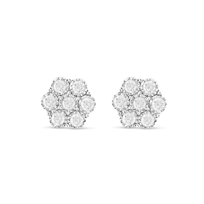 women’s square earrings-White Gold Diamond Flower Stud Earrings