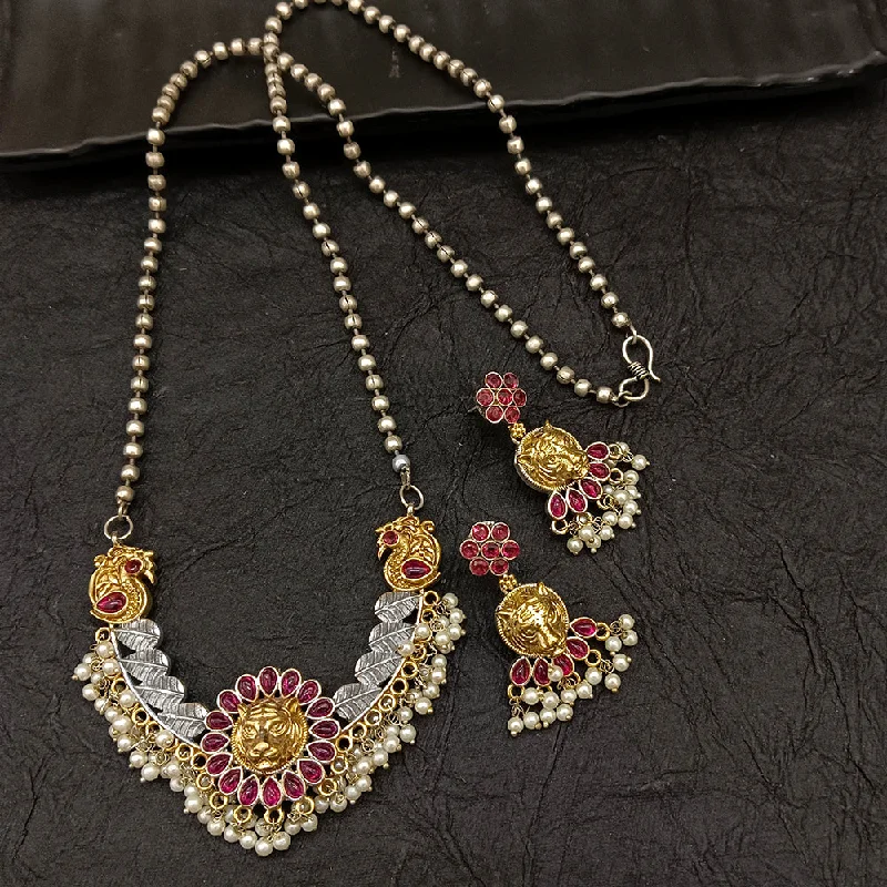 women’s chic chain necklaces-Deep Jewell 2 Tone Plated Kundan And Pearl Long Necklace Set