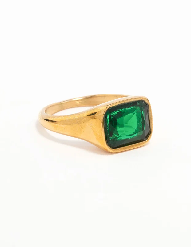 women’s cubic zirconia rings-Waterproof Gold Plated Stainless Steel Opulent Green Cubic Zirconia Signet Ring