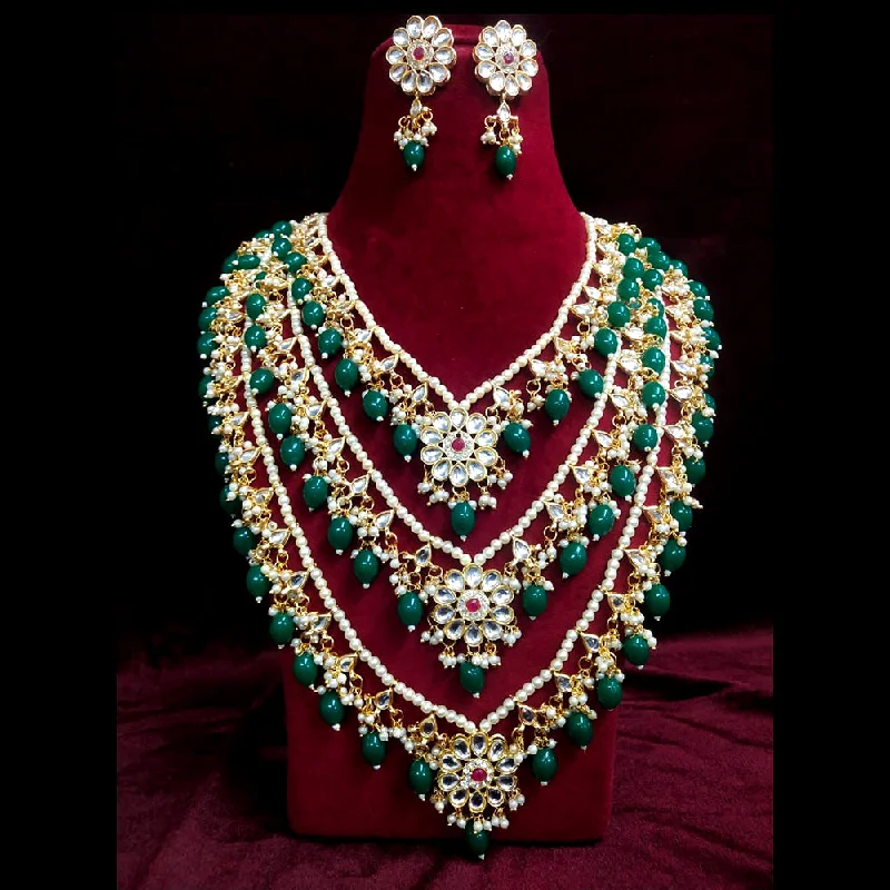 women’s flower necklaces-Shagna Gold Plated Kundan And Pearl Multi Layer Necklace Set