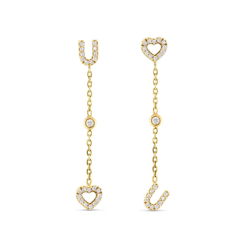 women’s bridal hoop earrings-18K Yellow Gold Diamond Drop U and Heart Stud Earrings