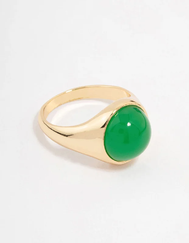 women’s gemstone engagement rings-Gold Plated Round Green Statement Stone Ring