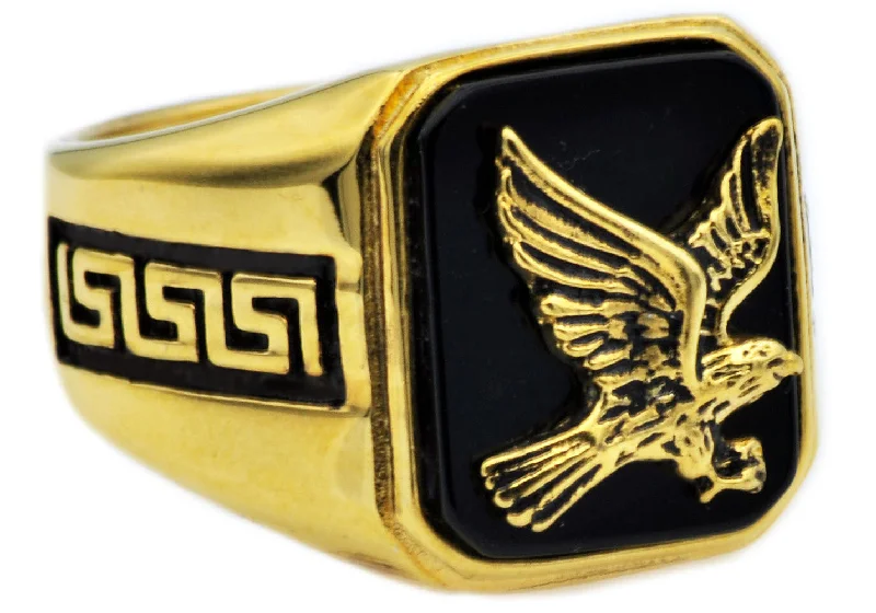 women’s wedding bands-Mens Onyx And Gold Stainless Steel Eagle Ring