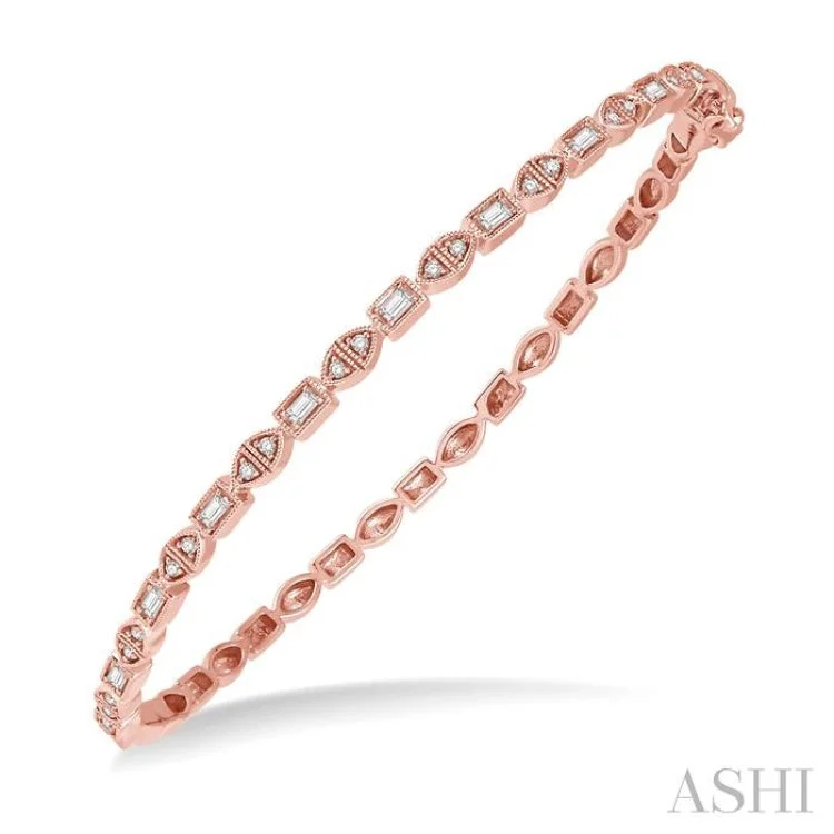 women’s zirconia bracelets-1/3 Ctw Baguette & Round Cut Diamond Stackable Bangle in 14K Rose Gold