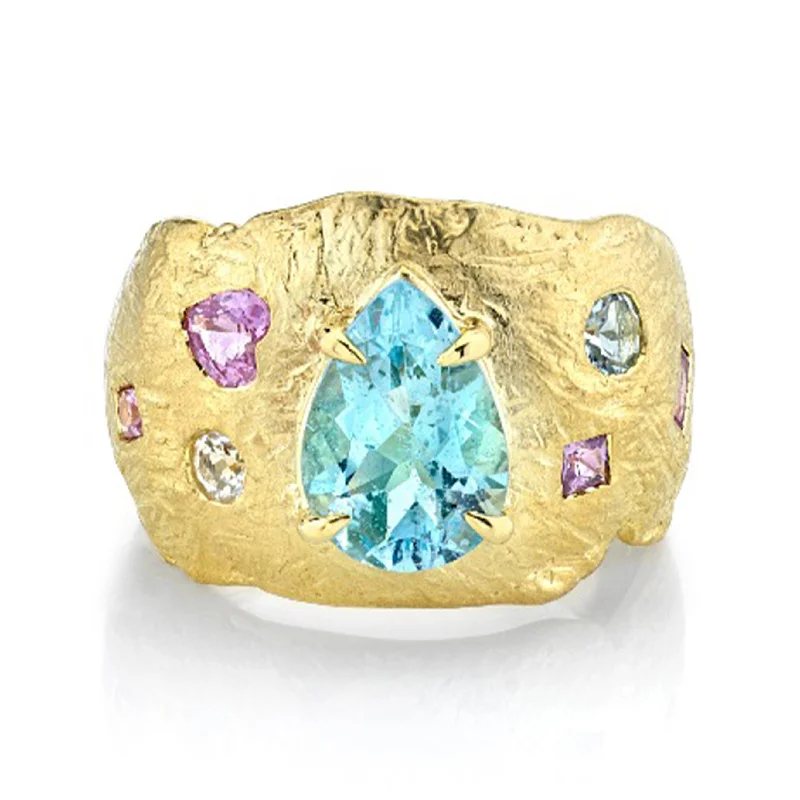 women’s wedding bands-18k Atlantis Water Drop Aquamarine Ring with Pink Sapphire and Moonstone