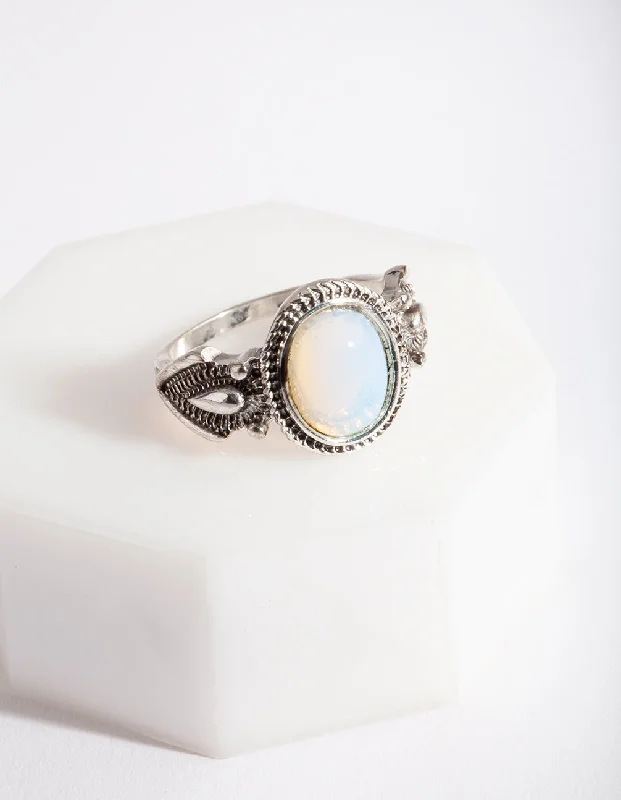 women’s infinity rings-Antique Silver Oval Moonstone Ring