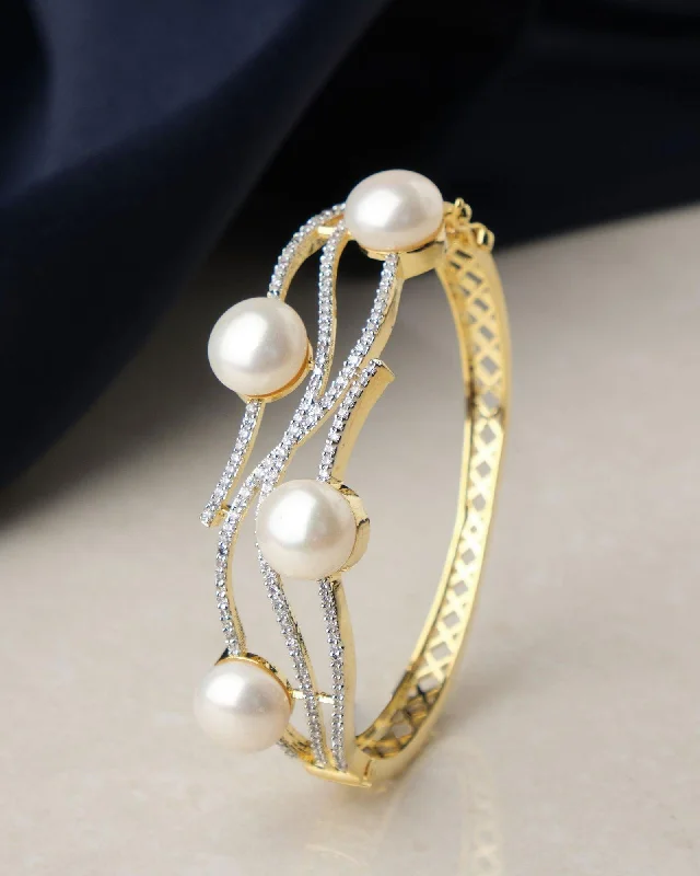 women’s diamond bracelets-Fashionable Pearl & Stone Studded Bangle