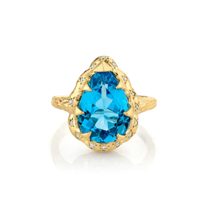 women’s gold engagement rings-Queen Water Drop Blue Topaz Ring with Sprinkled Diamonds | Ready to Ship