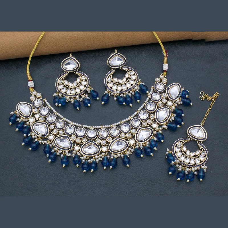 women’s fashion necklaces-FS Collection Gold Plated Kundan Stone And Pearl Necklace Set