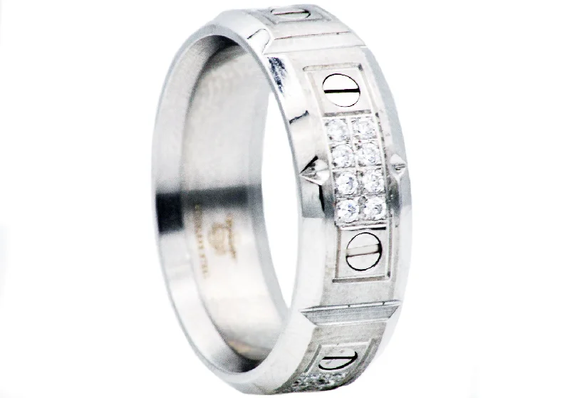 women’s luxury engagement rings-Mens Stainless Steel Band With Cubic Zirconia