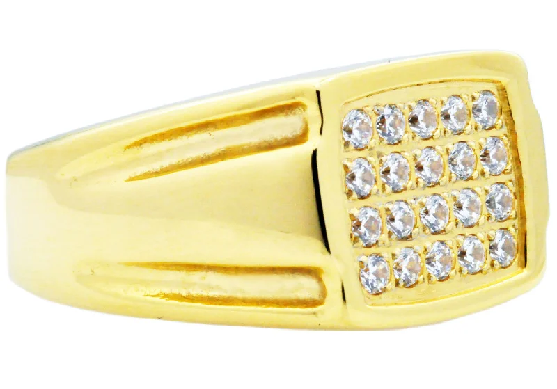 women’s adjustable rings-Mens Gold Stainless Steel Ring With Cubic Zirconia