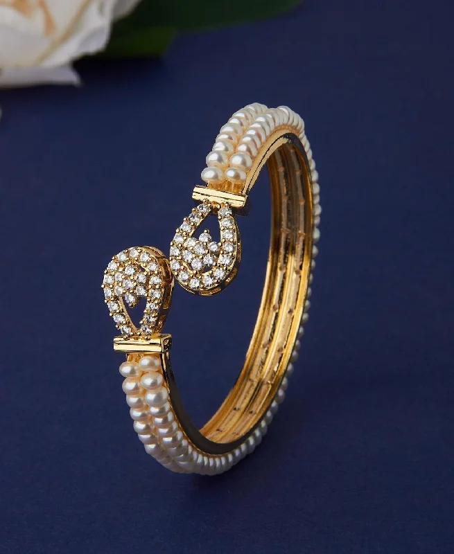 women’s fashion bracelets-Stunning Stone Studded Pearl Bangle