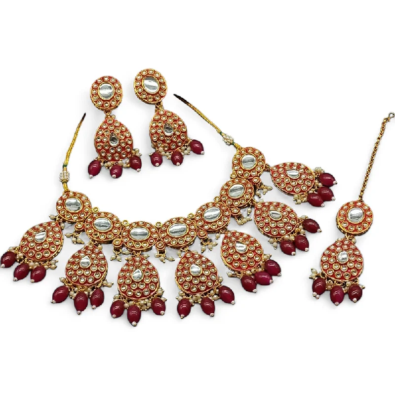 women’s boho necklaces-Gehana Mahal Gold Plated Kundan Stone And Beads Necklace Set