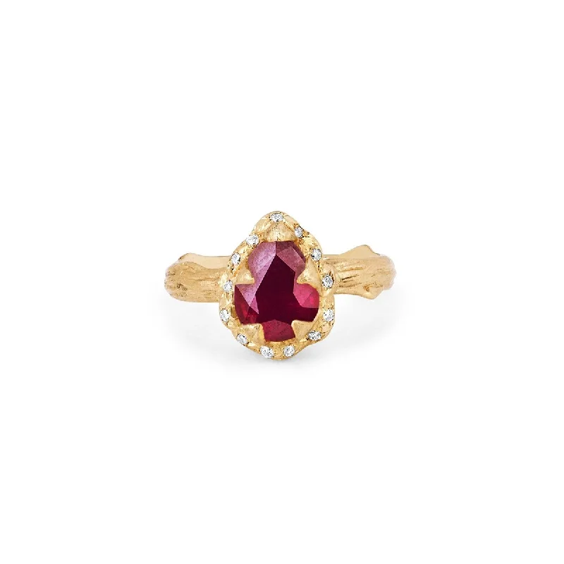 women’s pave diamond rings-Micro Queen Water Drop Ruby Rose Thorn Ring with Sprinkled Diamonds