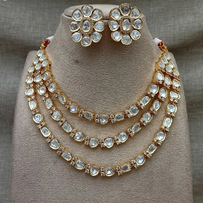 women’s spiritual necklaces-Royal Kundan Jewellery Gold Plated Polki Kundan Multi Layer Necklace Set