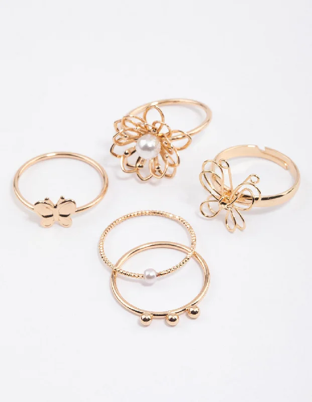 women’s wedding ring sets-Gold Wire Flower & Butterfly Ring Pack