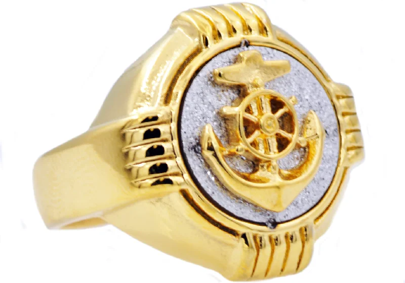 women’s stacking rings-Mens Genuine Gold Stainless Steel Sandblasted Anchor Ring